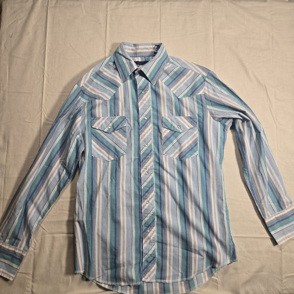 Wrangler Other - Wrangler Western Shirt Mens Medium Blue Striped Pearl Snap Long Sleeve Cowboy